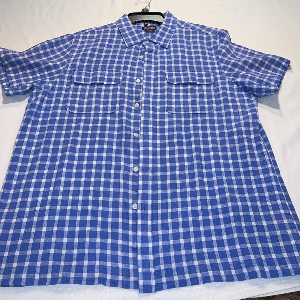 Michael Kors blue & white Plaid Short Sleeve Button down lightweight Shirt XL